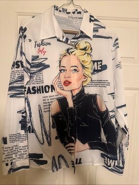 White Graphic Button-Up Jacket with Illustration